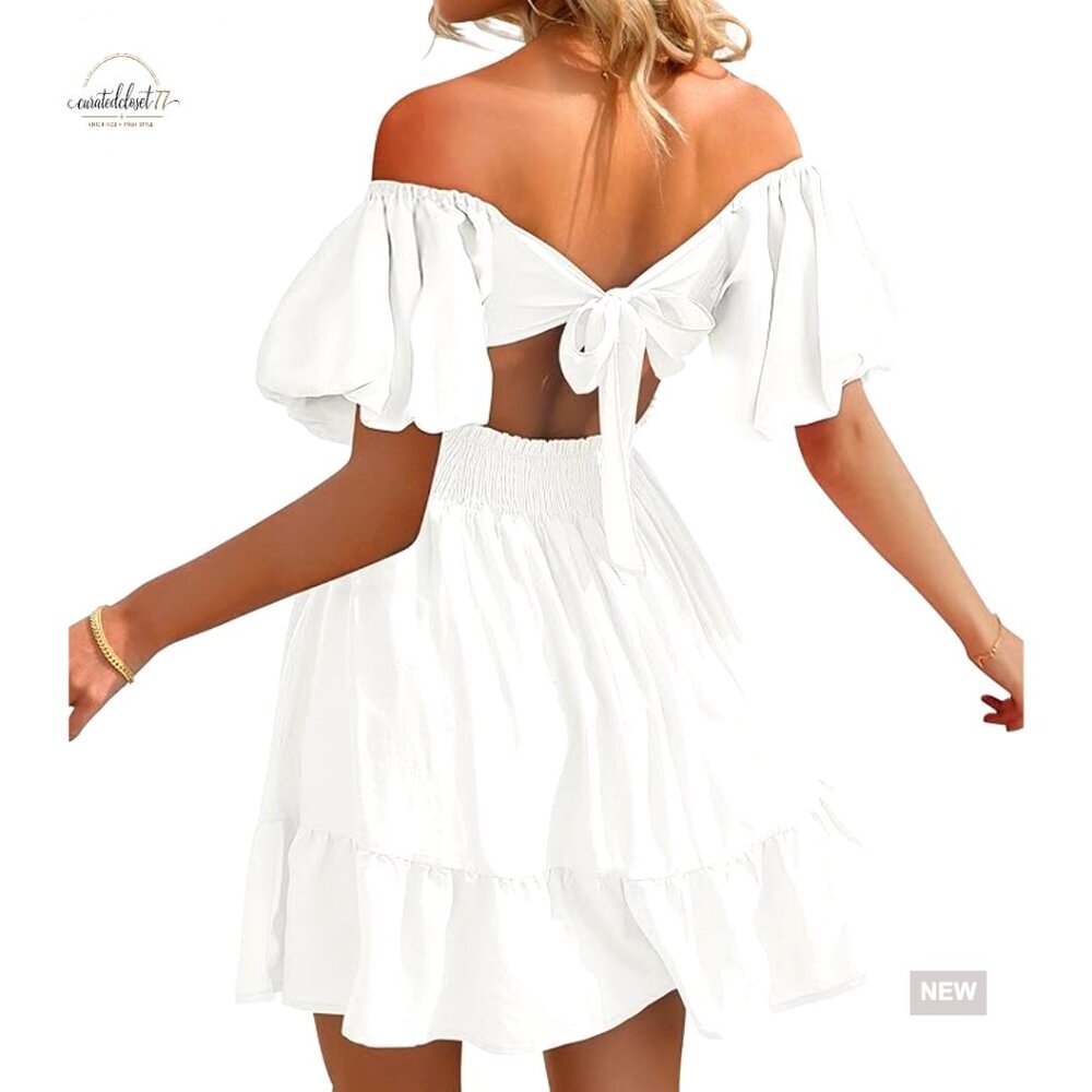 Summer Tie Back Mini Dress Off Shoulder Square Neck Lantern Sleeve Casual